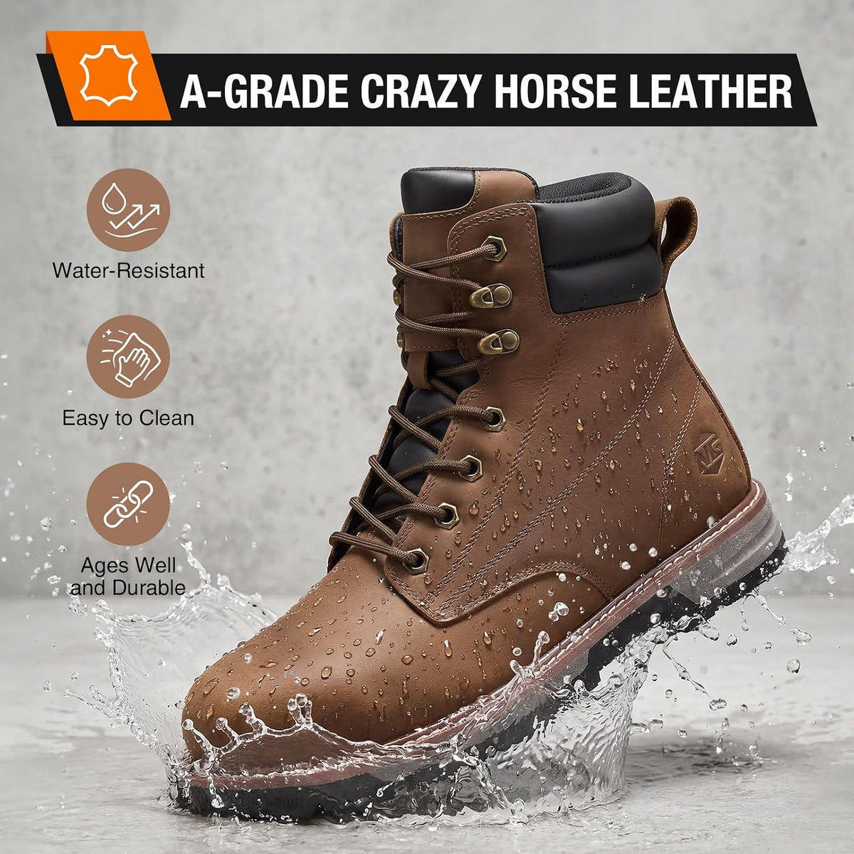 Steel Toe Work Boots for Men, Water Resistant Crazy Horse Leather | Comfortable Lightweight Non Slip Work Shoes, EH