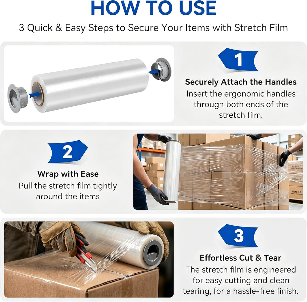 18" x 1500 Ft Stretch Shrink Wrap with Handle, 80 Gauge, 4 Pack