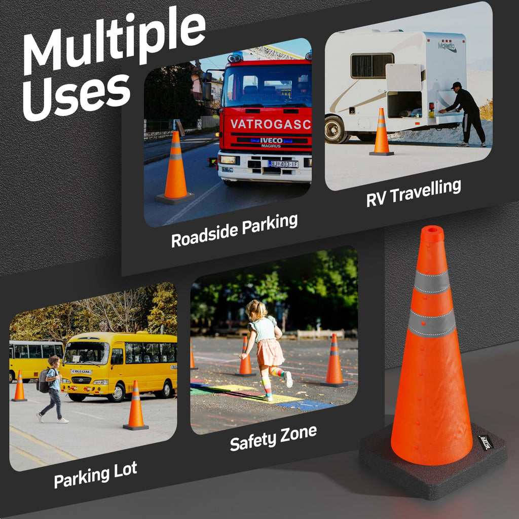 28 inch Collapsible Orange Traffic Safety Cones Weighted Base 2 Pcs | 3LBS heavy-duty design, reflective collar