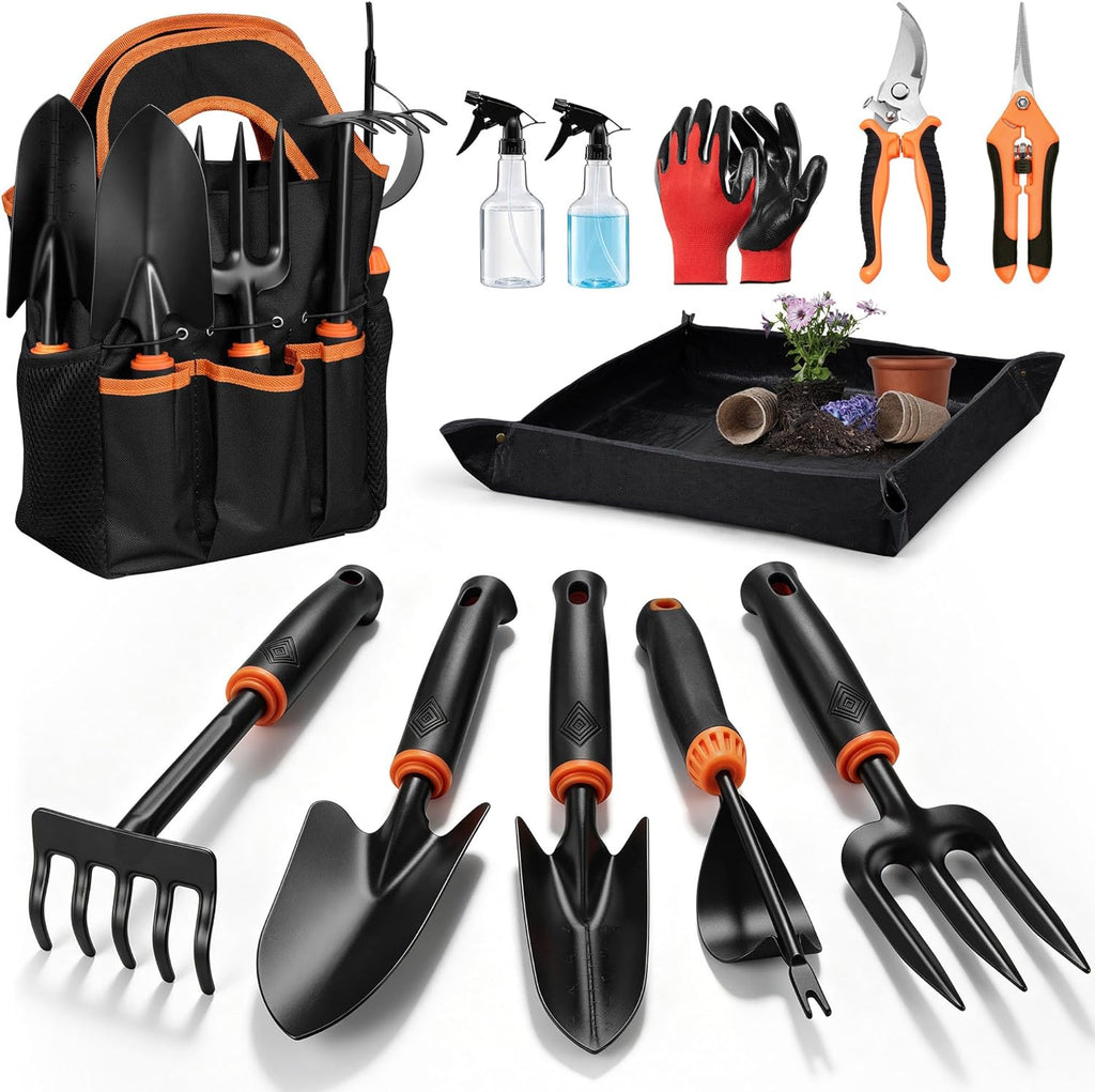 Gardening Tools, 12 Pcs Heavy Duty Garden Tools Set with Repotting Mat, Transplant Shovel, Hand Rake, Pruning Shears