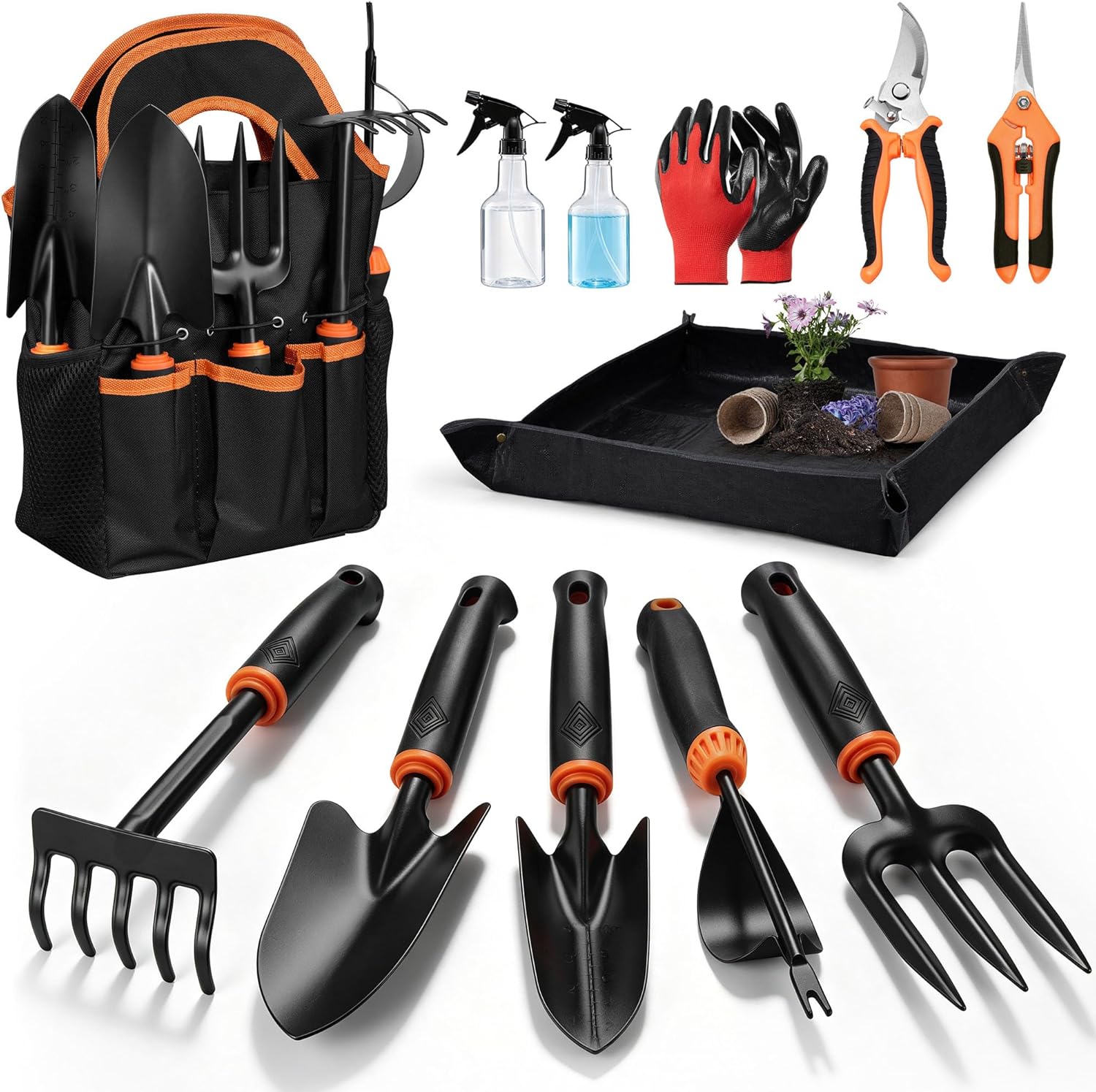 Gardening Tools, 12 Pcs Heavy Duty Garden Tools Set with Repotting Mat, Transplant Shovel, Hand Rake, Pruning Shears