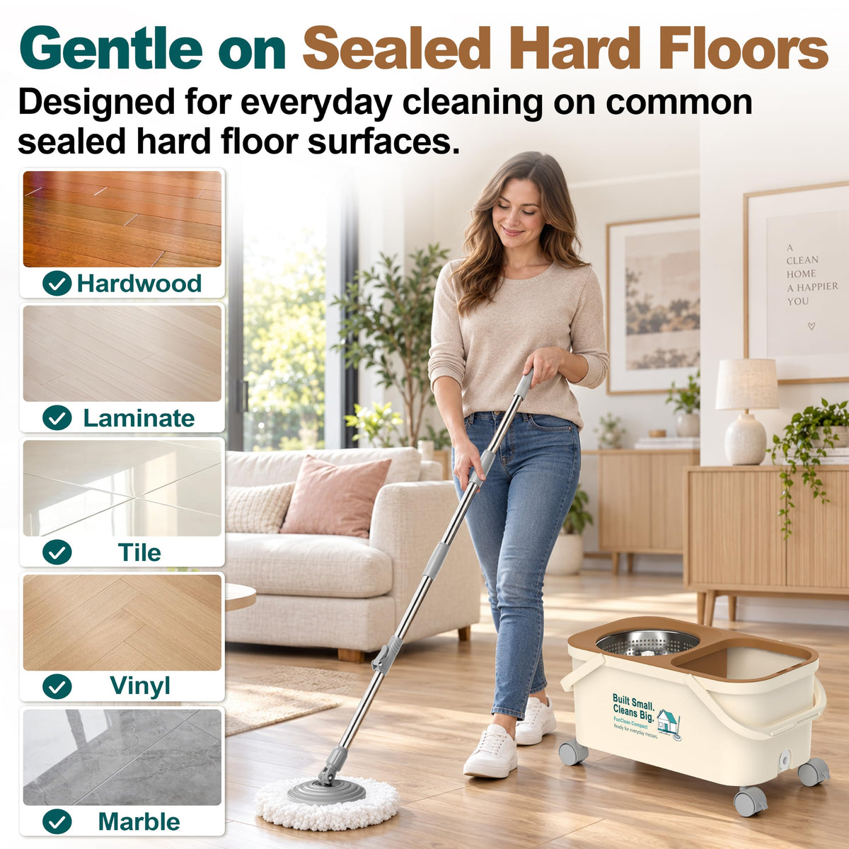 FunClean Compact Mop Bucket Set, 4 Swivel Wheels, 1.5 Gal Capacity, Green