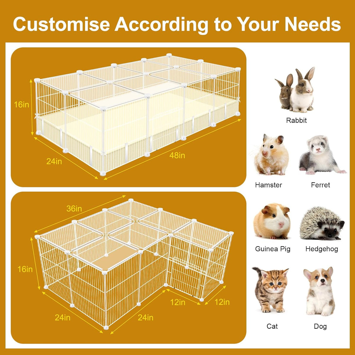 20 Panels Guinea Pig Cages, 48" x 24" x 16" Enclosed Rabbit Cage