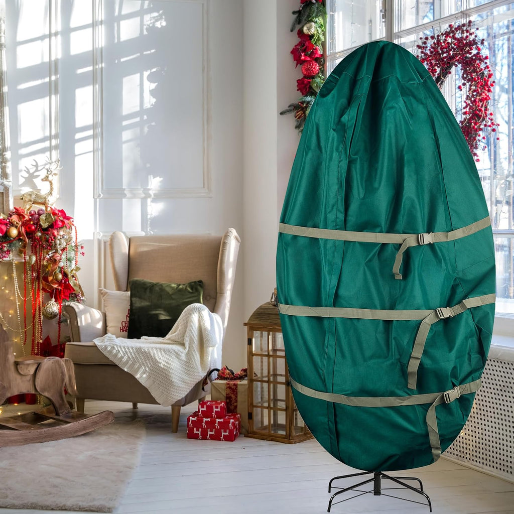 Christmas Tree Storage Bag - Upright Zippered Canvas Cover for 9-Foot Artificial Trees with Buckle Straps and Cinch