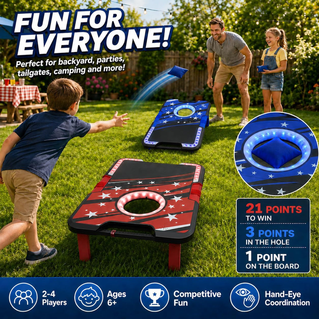 Foldable Cornhole Board Set with LED Lights, Sound Effects & Built-in Score Slider, Outdoor Bean Bag Toss Game for