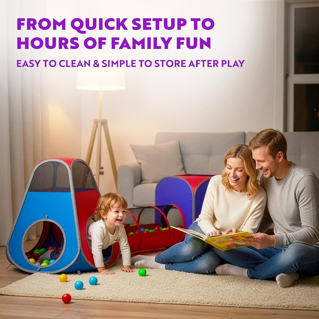 4pc Pop Up Play Tent and Tunnel Bundle for Toddlers and Kids - Indoor & Outdoor Playhouse with Storage Bag, Red & Blue