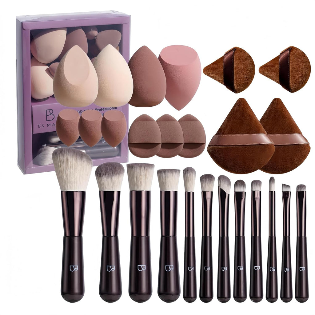 Travel Makeup Brush Set BS-MALL Makeup Sponges - Includes Foundation Brush, Powder Puff, Finger Sponges & Triangle