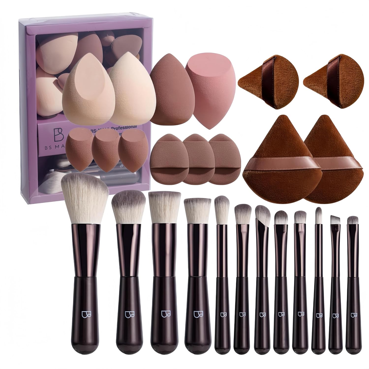 Travel Makeup Brush Set BS-MALL Makeup Sponges - Includes Foundation Brush, Powder Puff, Finger Sponges & Triangle