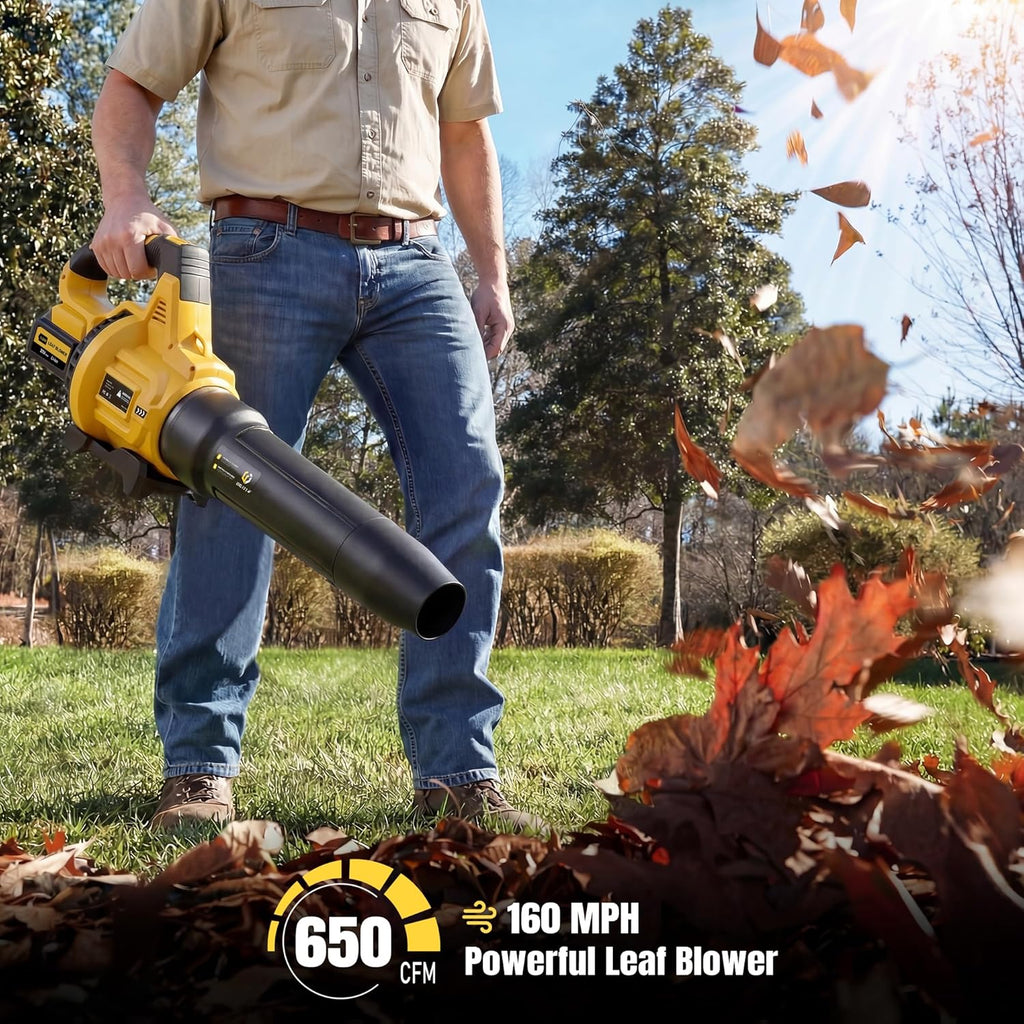 Leaf Blower Cordless, 650CFM & 3 Speed Levels, 1200W Electric Cordless Leaf Blower with 2 x 5.0Ah Batteries & Fast