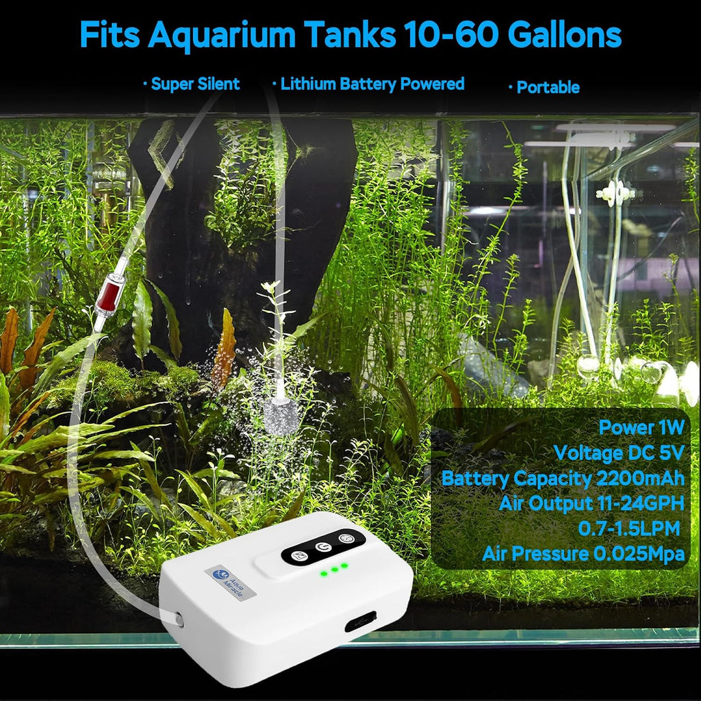 Lithium Battery Powered Portable Aquarium Air Pump for Fish Tank, USB Rechargeable Aquarium Bubbler Aerator for