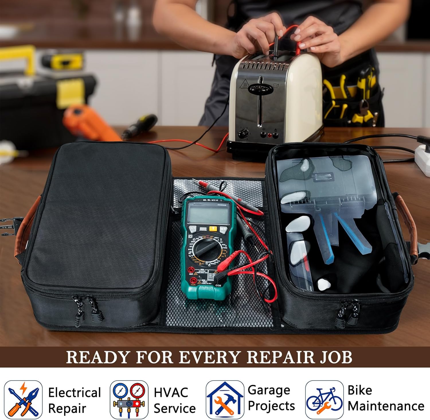 Heavy Duty Tool Bag Organizer with Clear Lid Compartments for Electrician, Portable Tool Organizer Case for