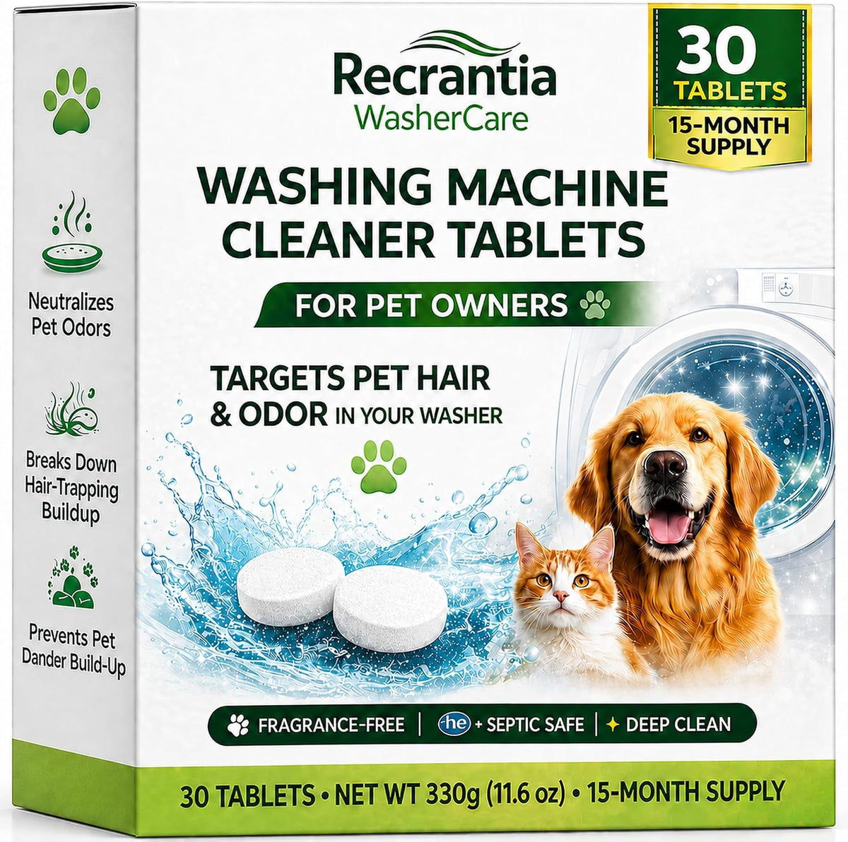 Washing Machine Cleaner Tablets for Pet Owners - 30 Count Enzyme Pet Hair Buildup Cleaner - Monthly Washer