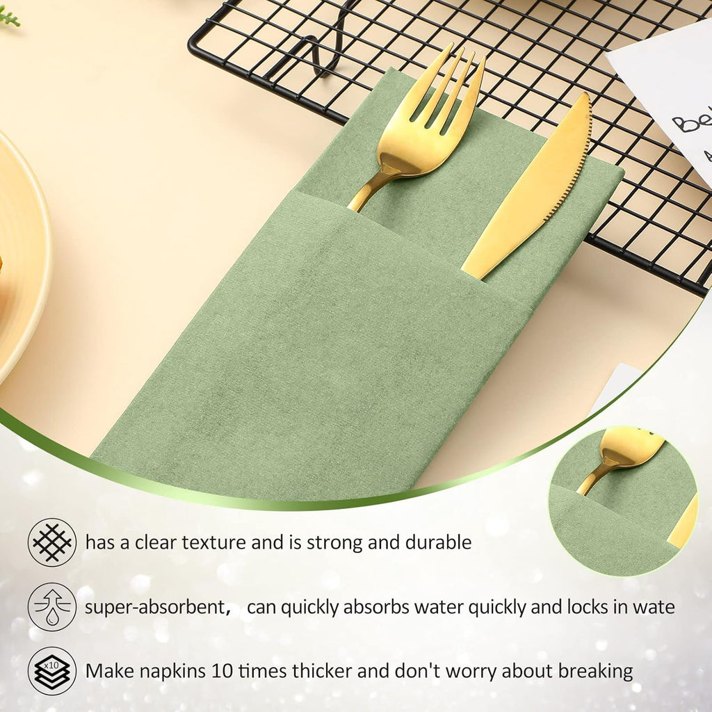75 Pcs Sage Green Linen Dinner Napkins with Built in Flatware