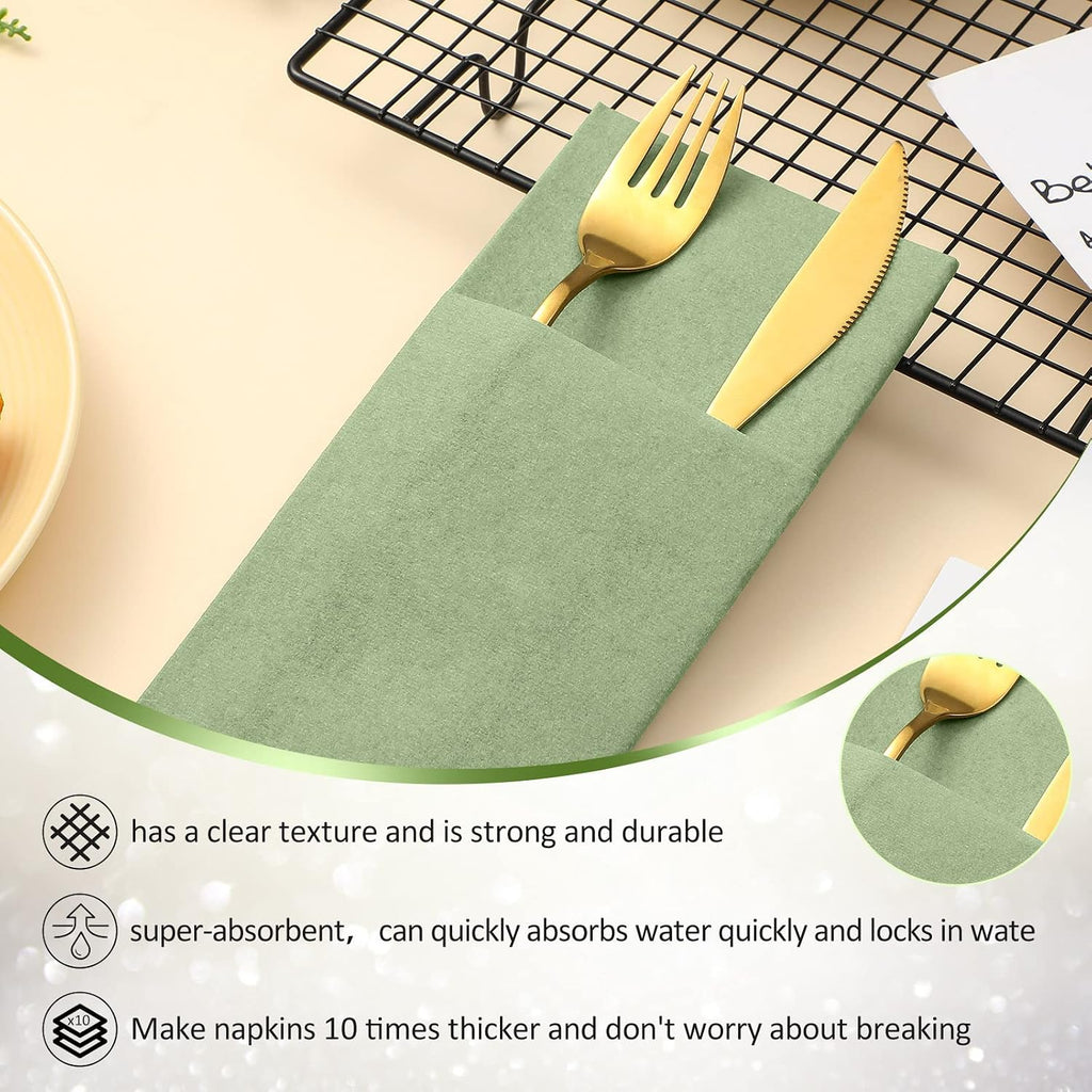 200 Pcs Linen Feel Dinner Napkins with Flatware Pocket,Sage Green