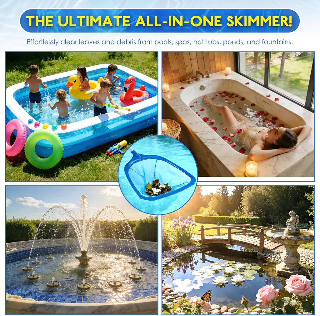 Hot Tub Pool Skimmer Spa Net with 12'' Aluminum Pole 11" x25" Blue Mesh, 6-Inch Deep for Small Above Ground Pools