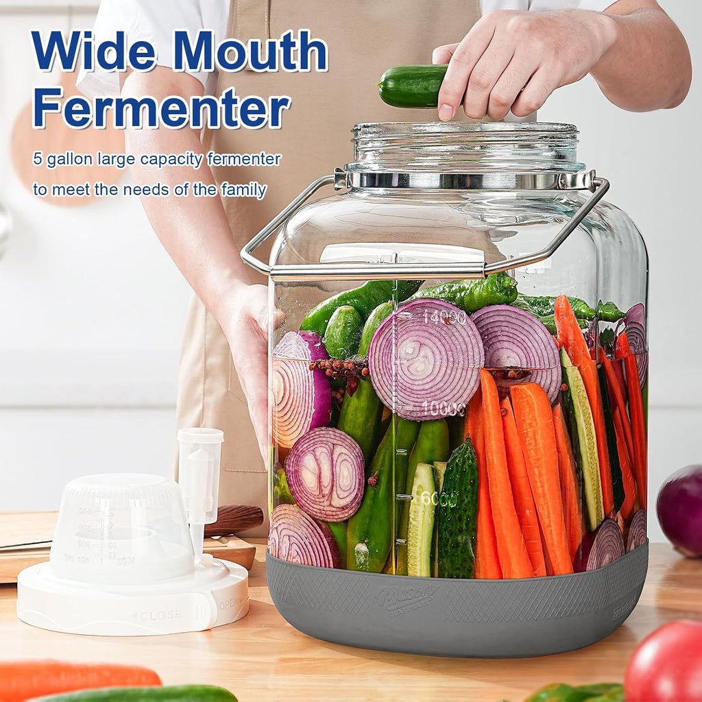 5 Gallon Square Fermentation Jar with Wide Mouth, Stainless Handles, 1 Pack | Airtight Seal, Airlock Included, Quart