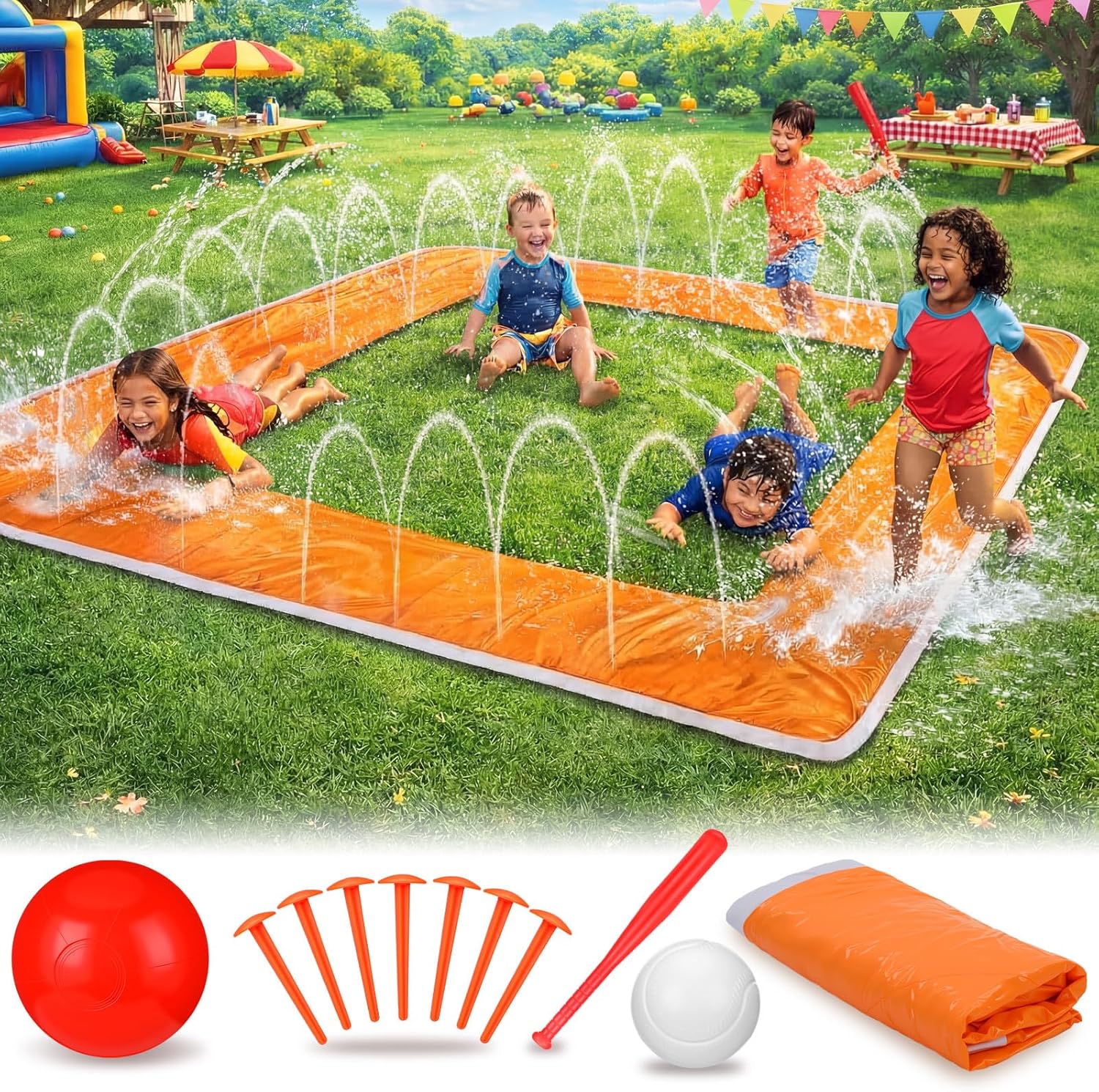 Baseball Water Slide Set 13 ft Water Slide Game Toys for Kids Summer Outdoor Backyard with Fixed Piles Baseball Bat &