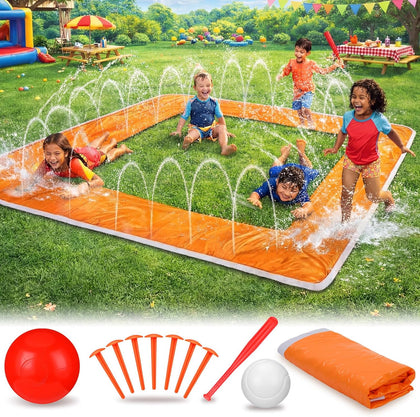 Baseball Water Slide Set 13 ft Water Slide Game Toys for Kids Summer Outdoor Backyard with Fixed Piles Baseball Bat &