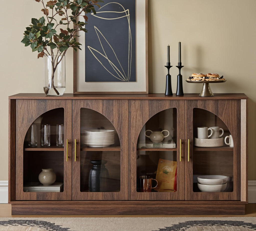 64" Sideboard Buffet Cabinet with Arched Glass Doors,Dark Walnut