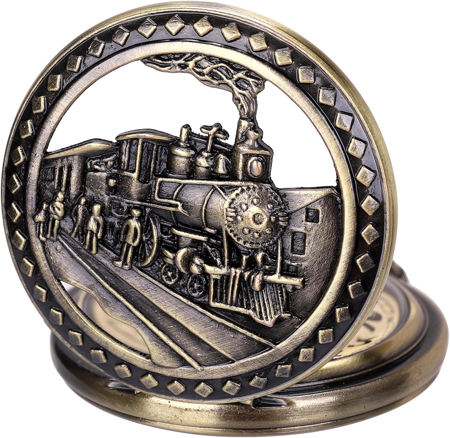 Antique Men Pocket Watch with Chain Oversized 50MM 1.96 Inch 3D Locomotive Steam Train Railroad Hollow + Box