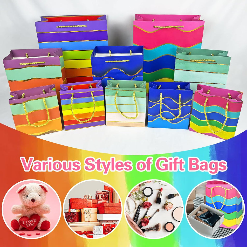 Gift Bags Assorted Sizes and Designs with Handle and Tissue Paper Birthday Gift Bags Rainbow for Birthday Bag Party
