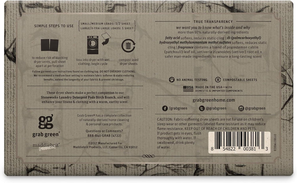 Stoneworks Dryer Sheets, Birch Branch, 80 Count, Compostable