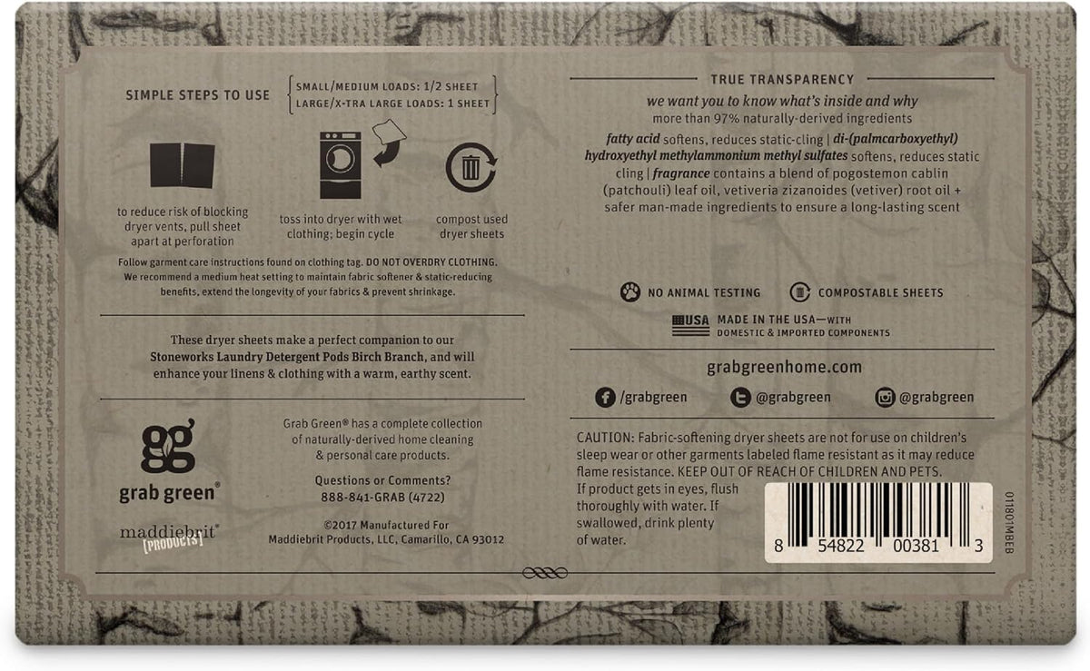 Stoneworks Dryer Sheets, Birch Branch, 80 Count, Compostable