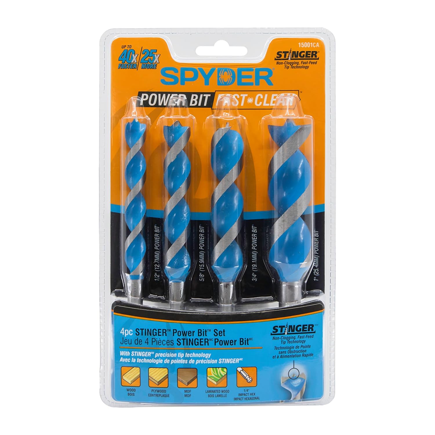 Stinger 4-Piece Wood Boring Power Bit Set, 6.5-inch Length,1/2, 5/8, 3/4, 1-inch Diameter
