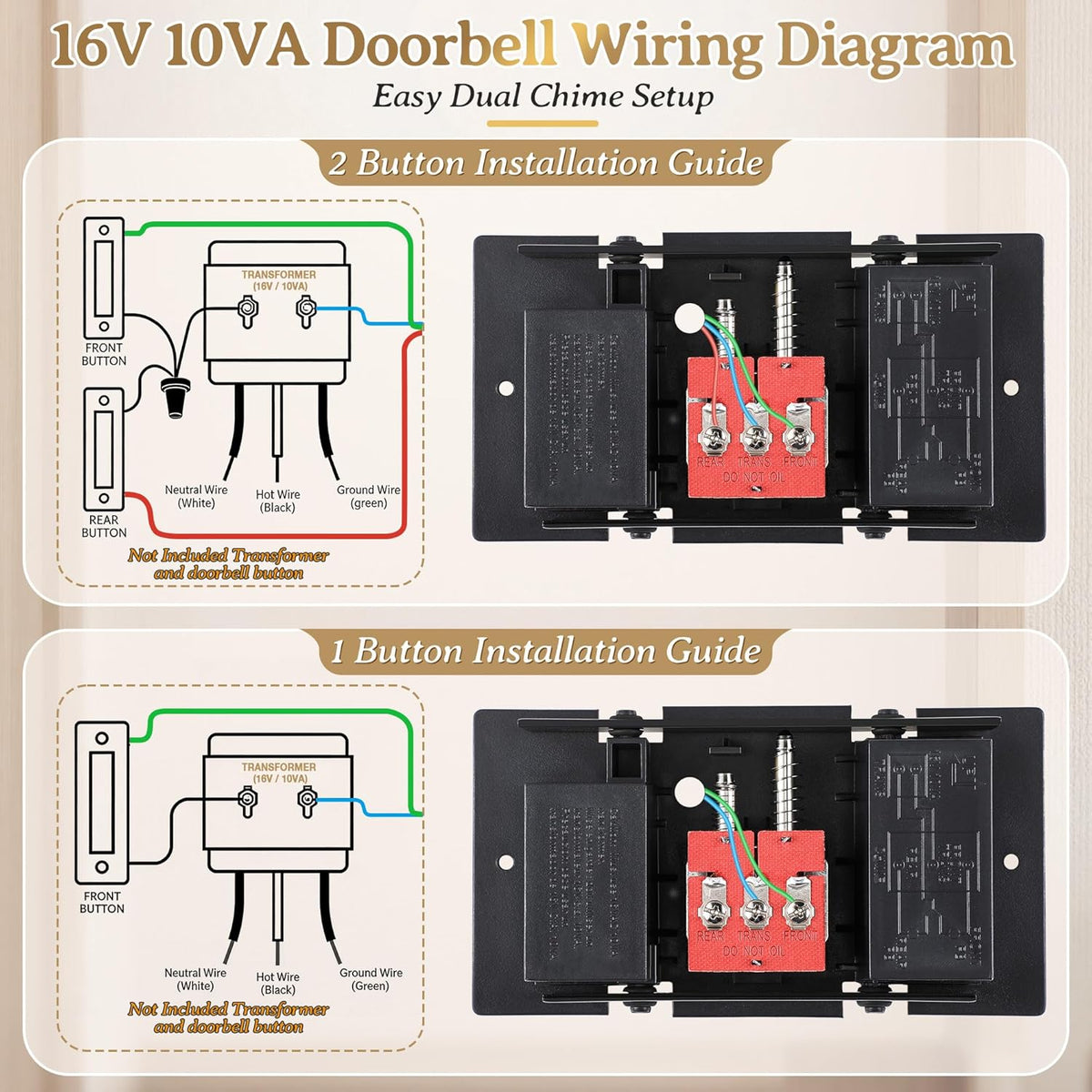 White Wooden Doorbell Chime Box Wired with 16V 10VA Wired Mechanical | Chime & Cover Set, Front/Rear Chime Tones