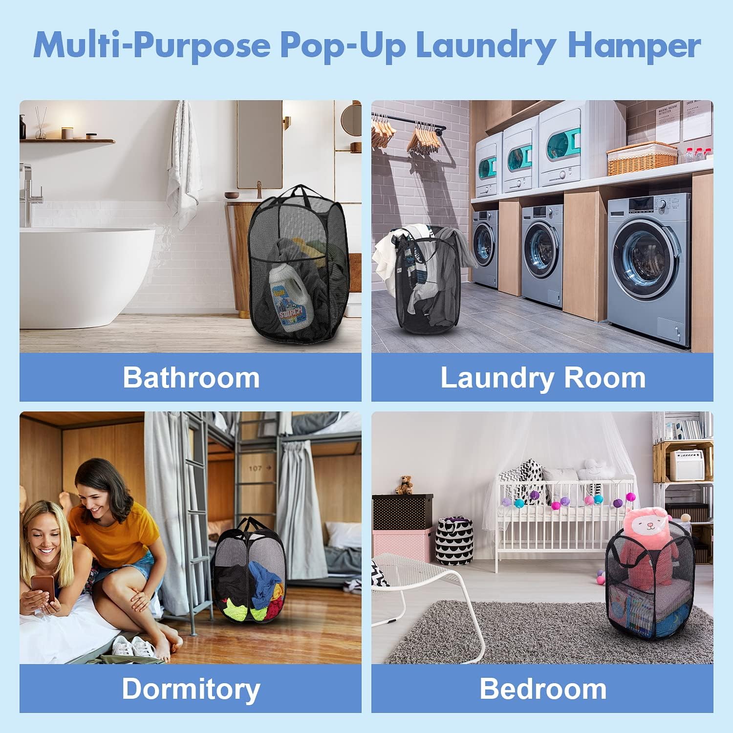 Pop Up Laundry Hamper, 70L Collapsible Mesh Laundry Basket with Side Pocket, Foldable Dirty Clothes Hamper with