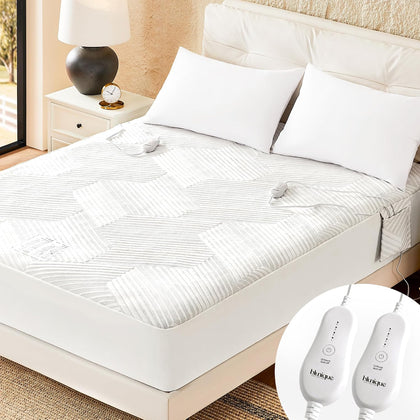Electric Heated Mattress Pad Queen Size Dual Control Bed Warmer, Deep Pocket, Side Storage Pouch for Controller