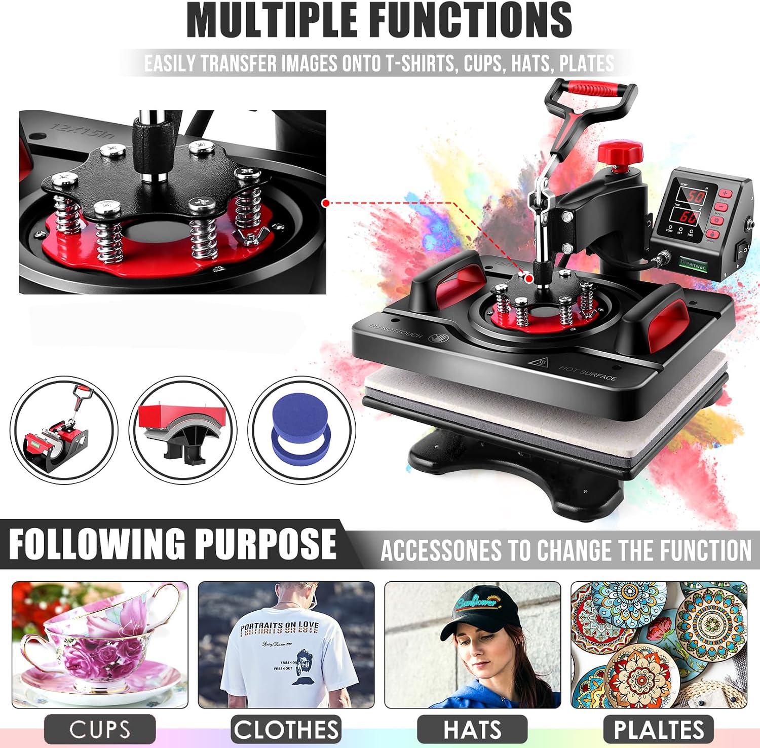 Professional 8 in 1 Heat Press Machine Sublimation Machine 12" X 15" Shirt Press Machine 360° Swing Away