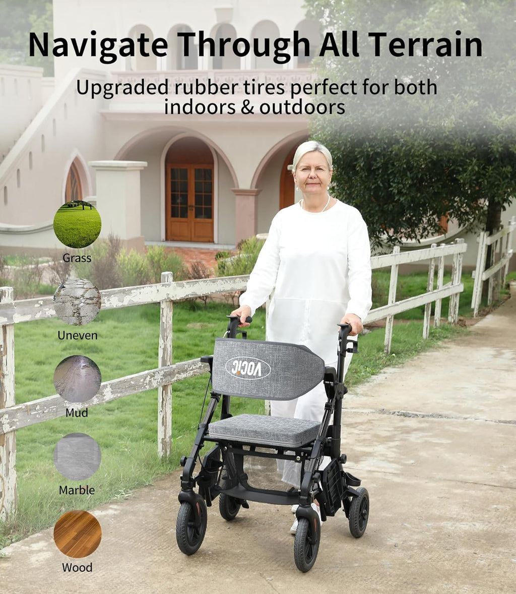 Rollator-Walkers-for-Seniors-with-Seat, Walker Wheelchair Combo, Transport-Wheelchair-Lightweight-Foldable, Adult