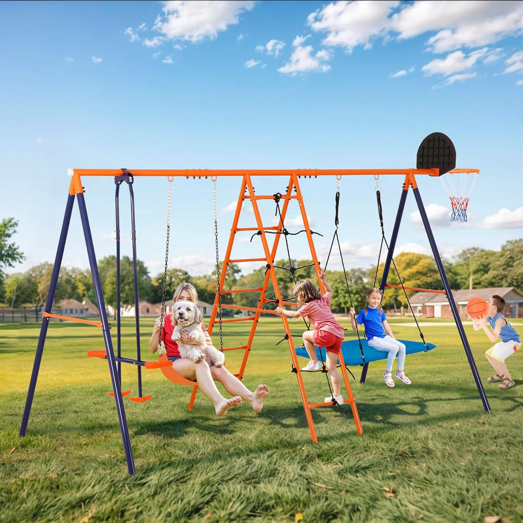 Outdoor Metal Swing Set for Kids, Heavy-Duty Metal Playground Set with Swings, Climbing Ladder, Trapeze Bar &