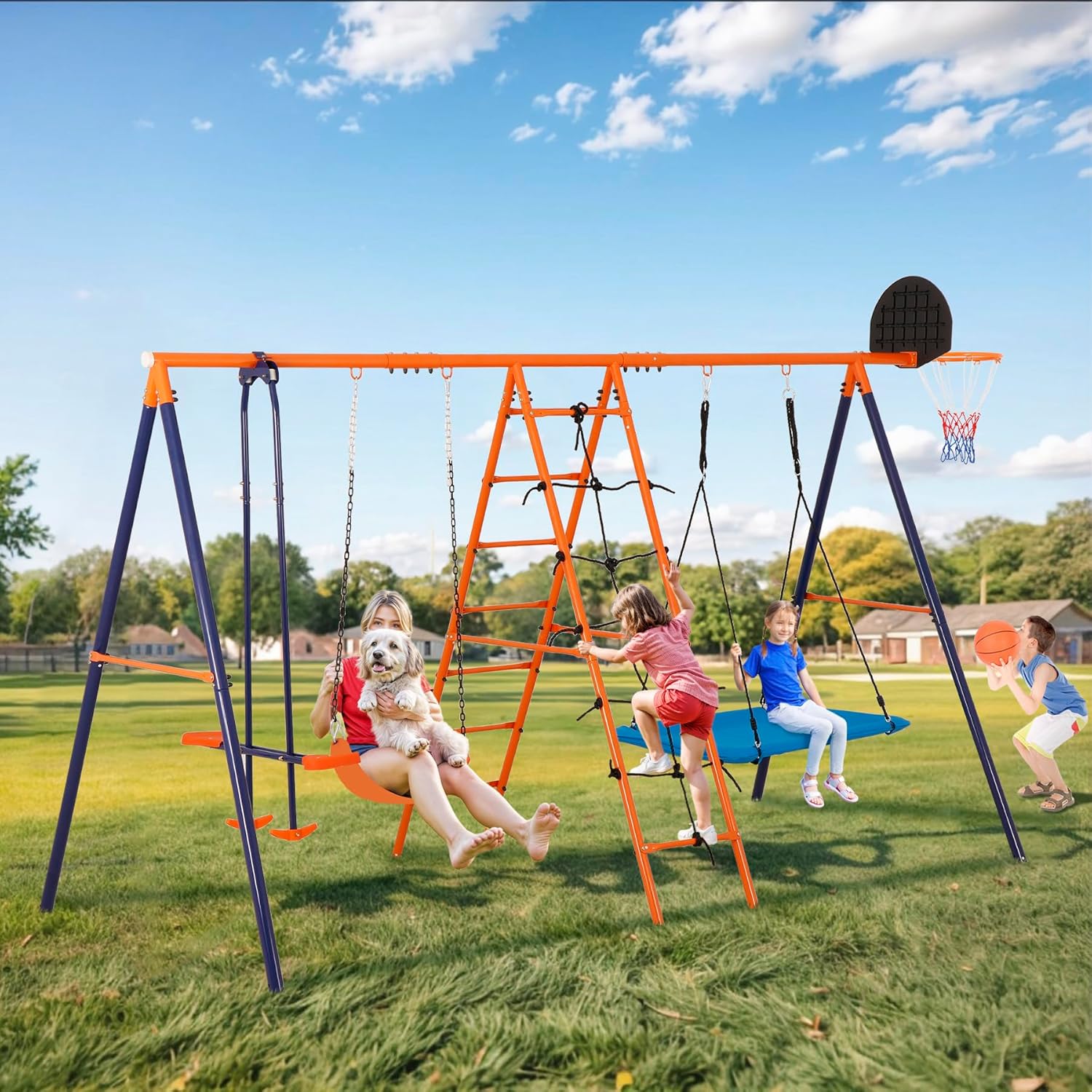 Outdoor Metal Swing Set for Kids, Heavy-Duty Metal Playground Set with Swings, Climbing Ladder, Trapeze Bar &