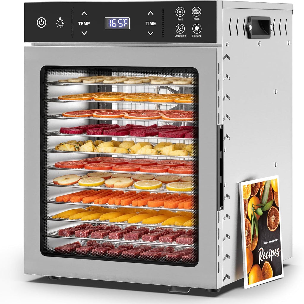 12-Tray Food Dehydrator, Stainless Steel, 4 Presets for Jerky&Fruit
