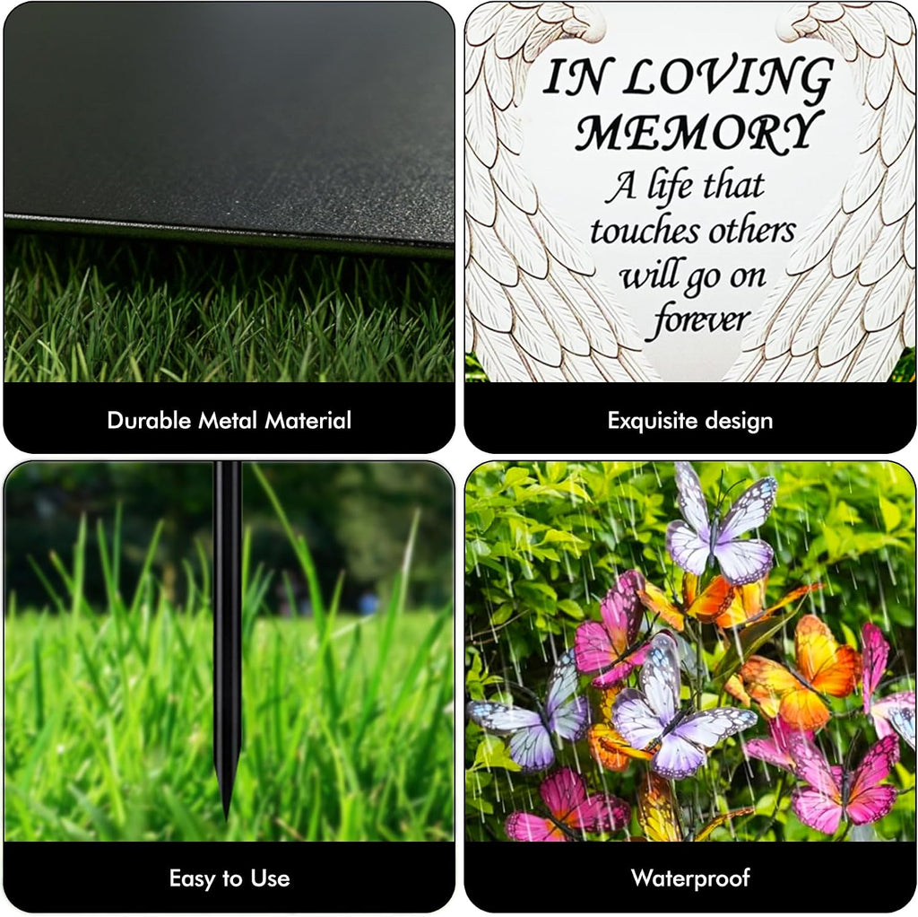 Solar Angel Wing Memorial Stake - Metal Silhouette Grave Decorations for Cemetery - Flat Outdoor Sympathy Gift with