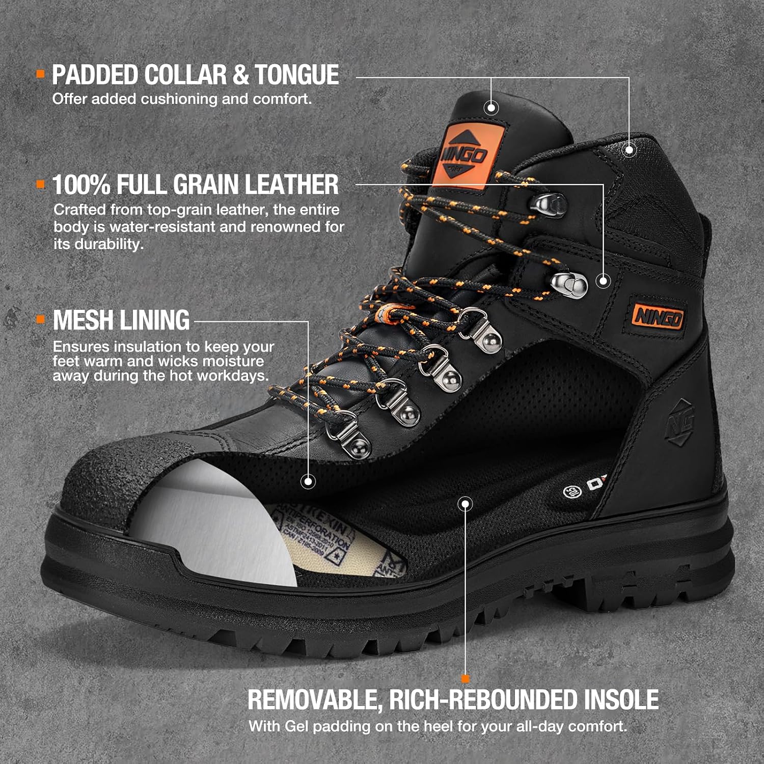Mens Steel Toe Work Boots, Full Grain Leather, Oil and Slip Resistant, Puncture Proof Construction Boots with