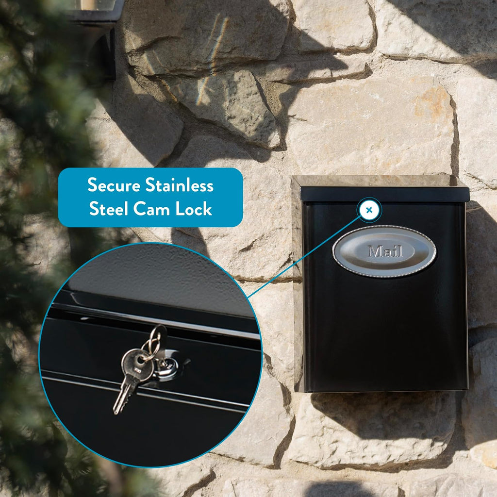 Designer Galvanized Steel, Locking Wall Mount Mailbox, Black with Satin Nickel