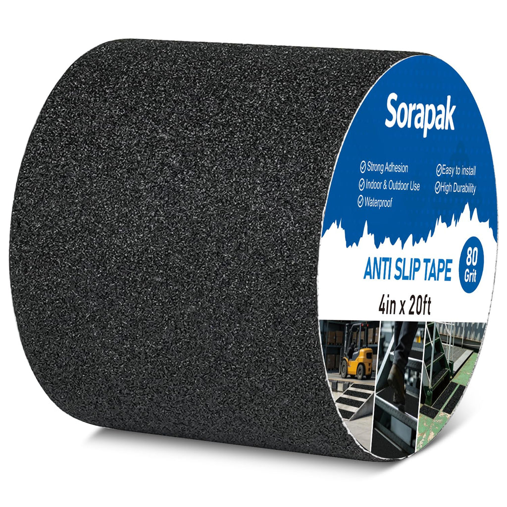 Black Anti Slip Tape 4in x 20ft, 80 Grit Waterproof Non Skid Grip Tape Roll for Ramps, Decks, Boat Decks, Warehouse