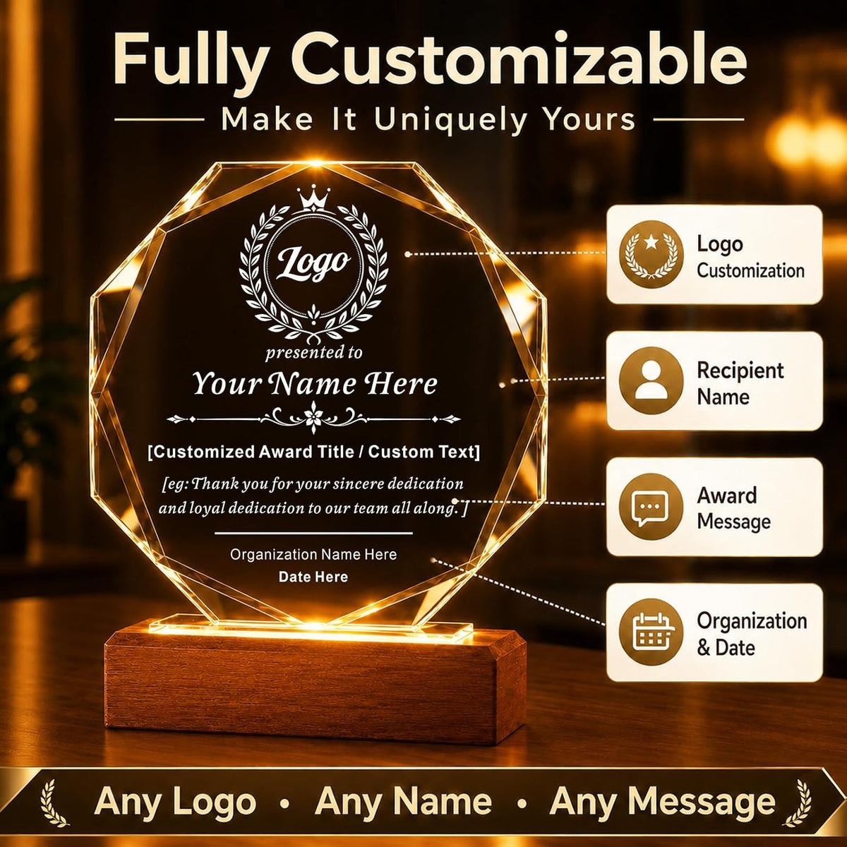 SHIP NEXT DAY, Custom Crystal Trophy Award, Engraved Plaque with LED Base