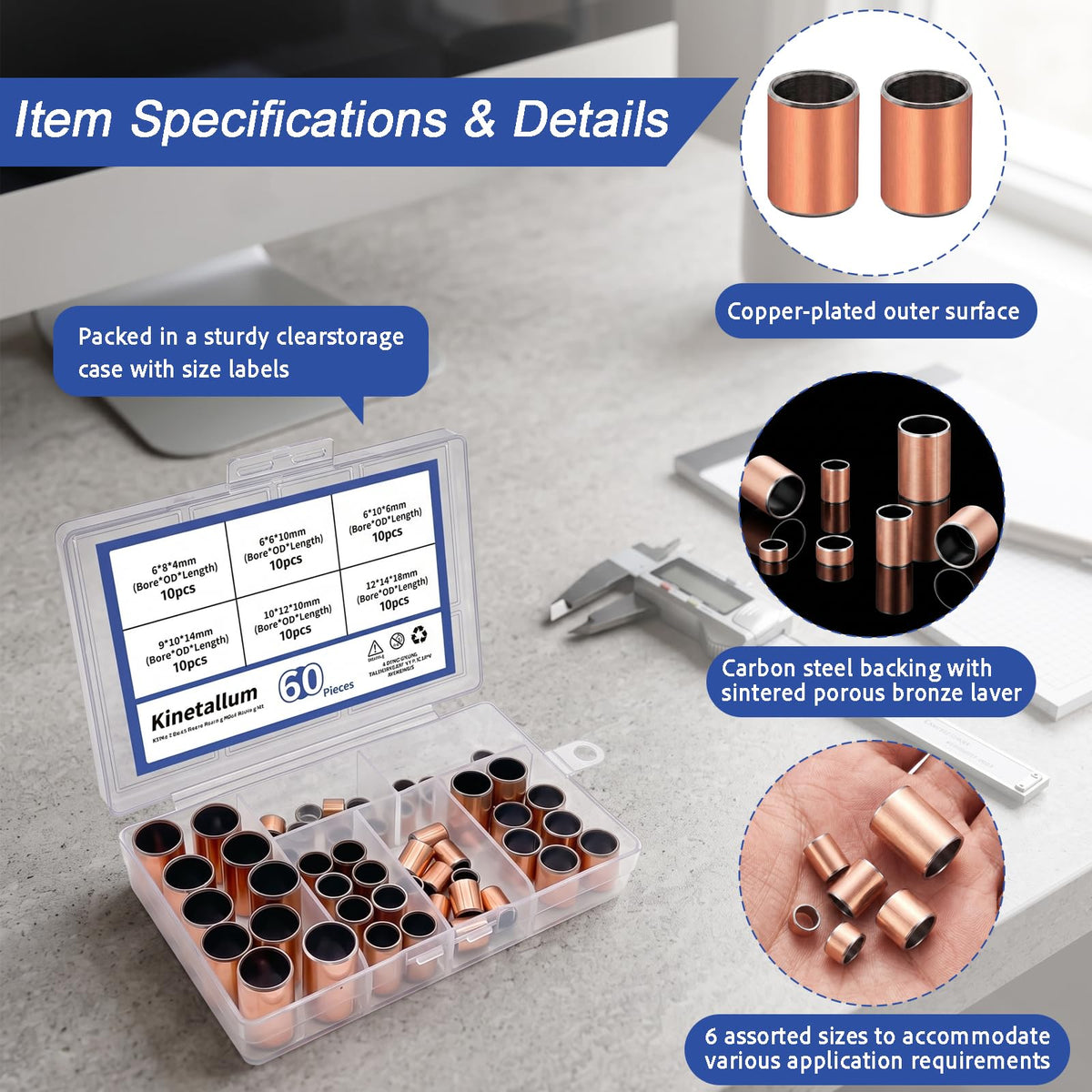 Bronze Sleeve Bearing Kit 60Pcs 6 Sizes Self-Lubricating Bushings Set
