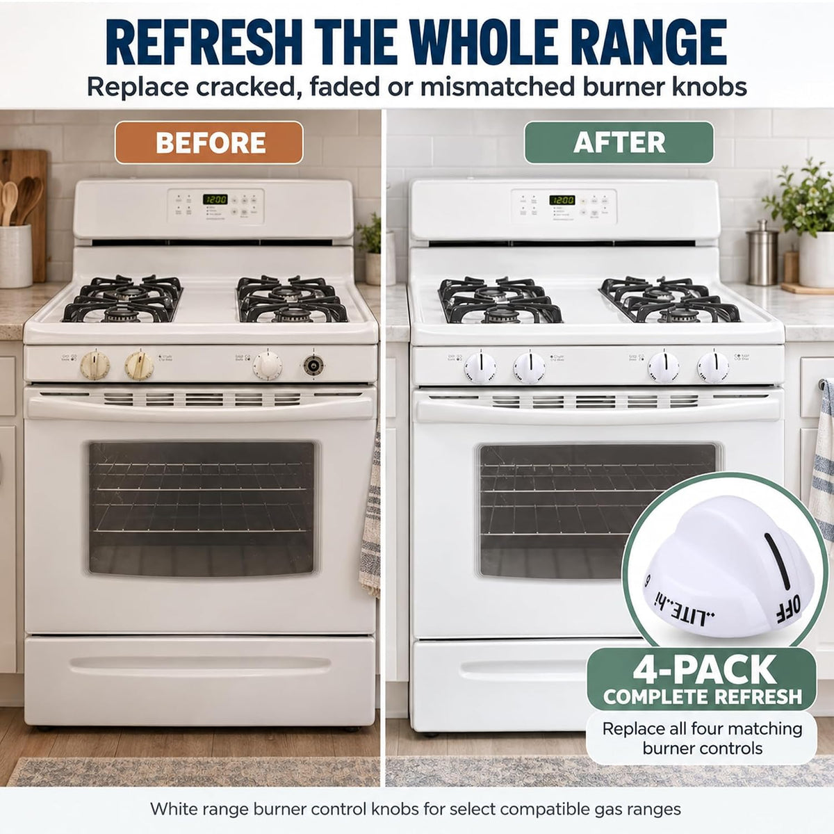4 Pack 316220008 Range Burner Control Knobs White Fit for Frigidaire Stove