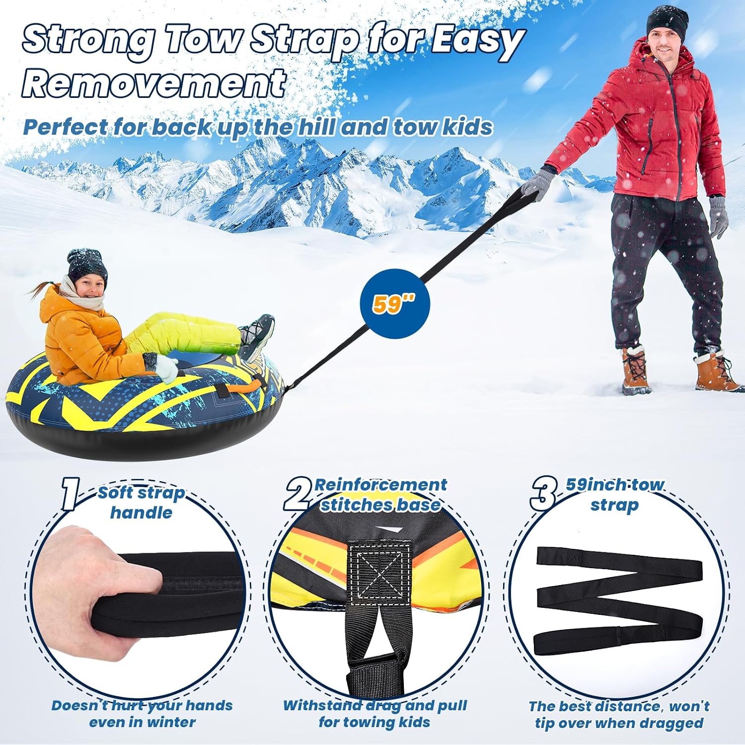 47'' Heavy Duty Snow Tube with Premium Canvas Cover and 4 Foam Filled Handles, Inflatable Snow Sled for Kids and