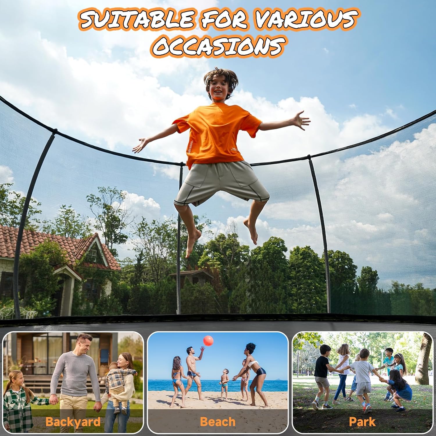 10FT 12FT 14FT 15FT 16FT Outdoor Trampoline with Enclosure Net, Heavy Duty Yard Trampolines, ASTM Approval