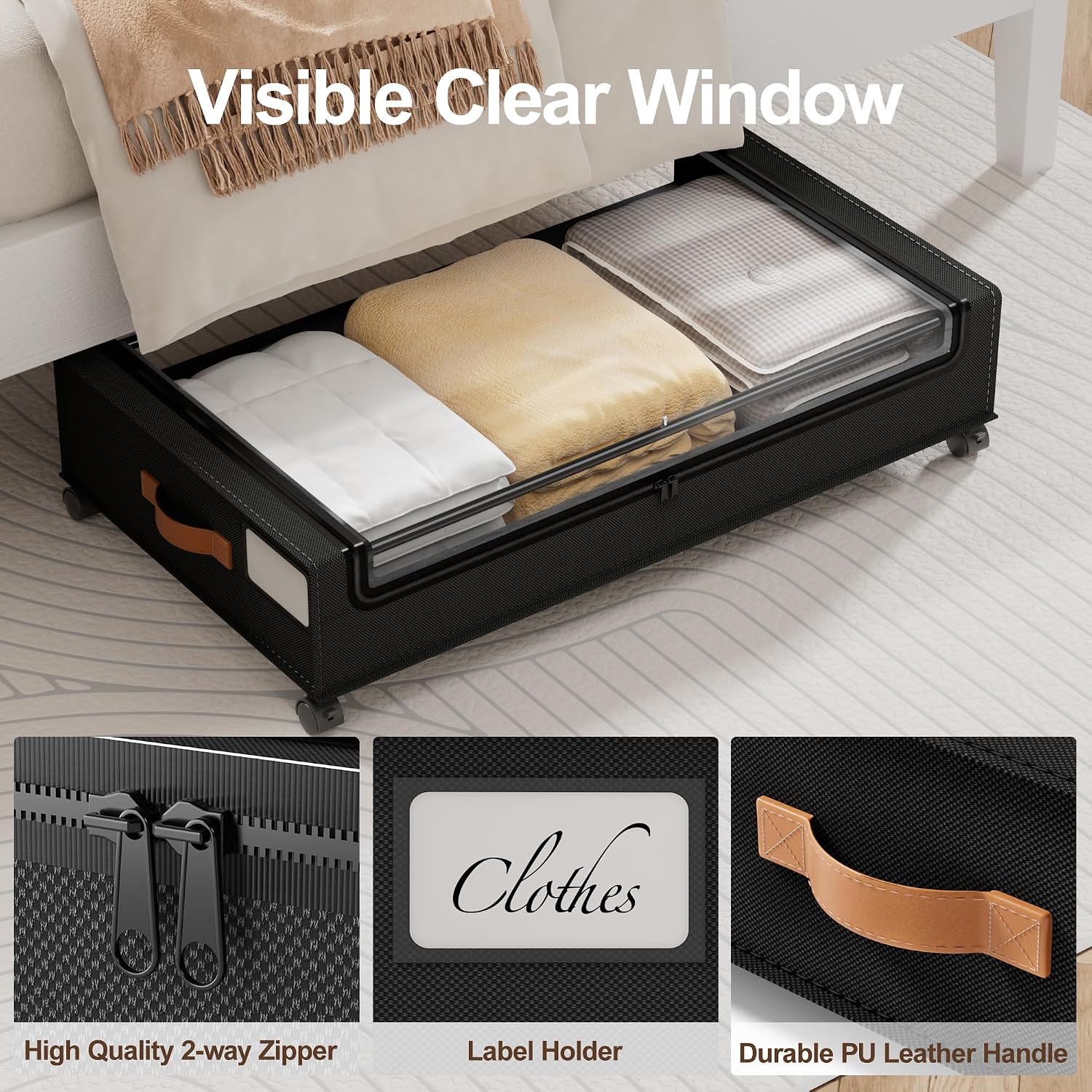 Under Bed Storage with Wheels, 2 Pack Under Bed Storage Containers with Clear Lid, XXL 60 L Underbed Storage Bins