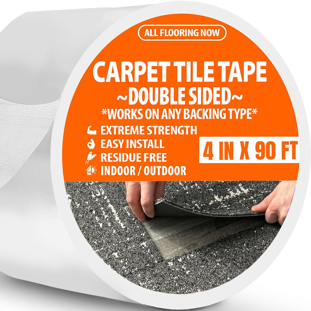 Carpet Tile Tape Wide Double Sided 4in x 90ft - Heavy Duty Reinforced Web Mesh & Residue Free - Indoor Outdoor for
