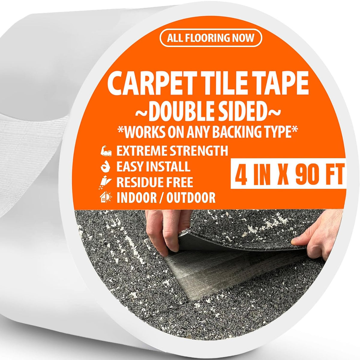 Carpet Tile Tape Wide Double Sided 4in x 90ft - Heavy Duty Reinforced Web Mesh & Residue Free - Indoor Outdoor for