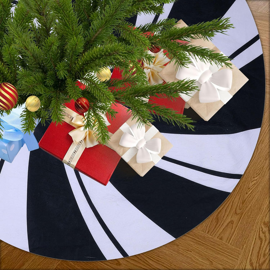 48 Inch Christmas Tree Skirt, White Nonwoven Sublimation Printed Black and White Candy Stripe Christmas Tree Skirt