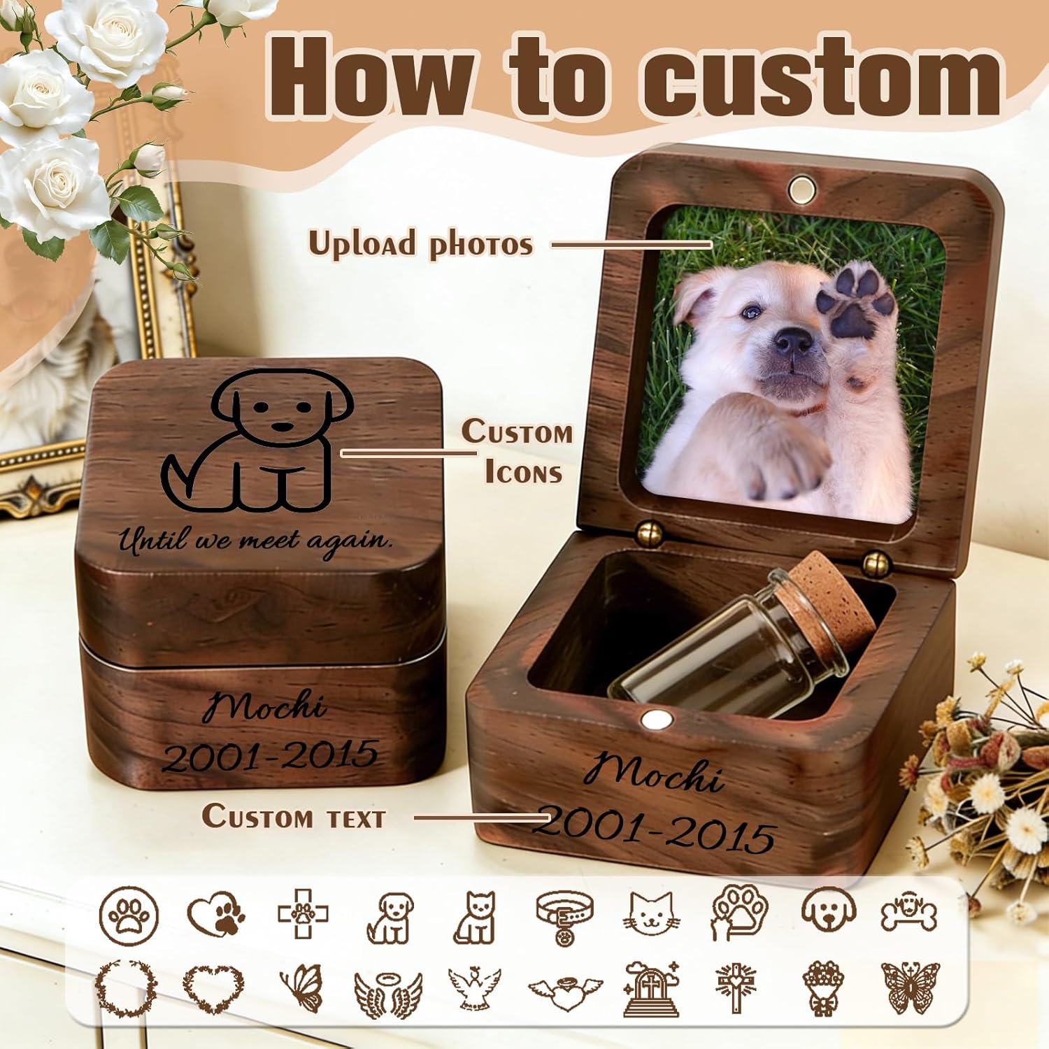 Personalized Wooden Small Urn for Dog Cat with Text & Photo Mini Pet Urn
